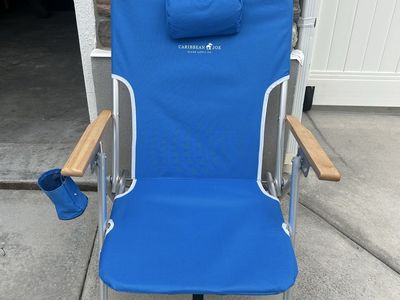 Caribbean Joe Backpack Beach Chair Blue w/ Cooler Pouch & Wood Arm Rests