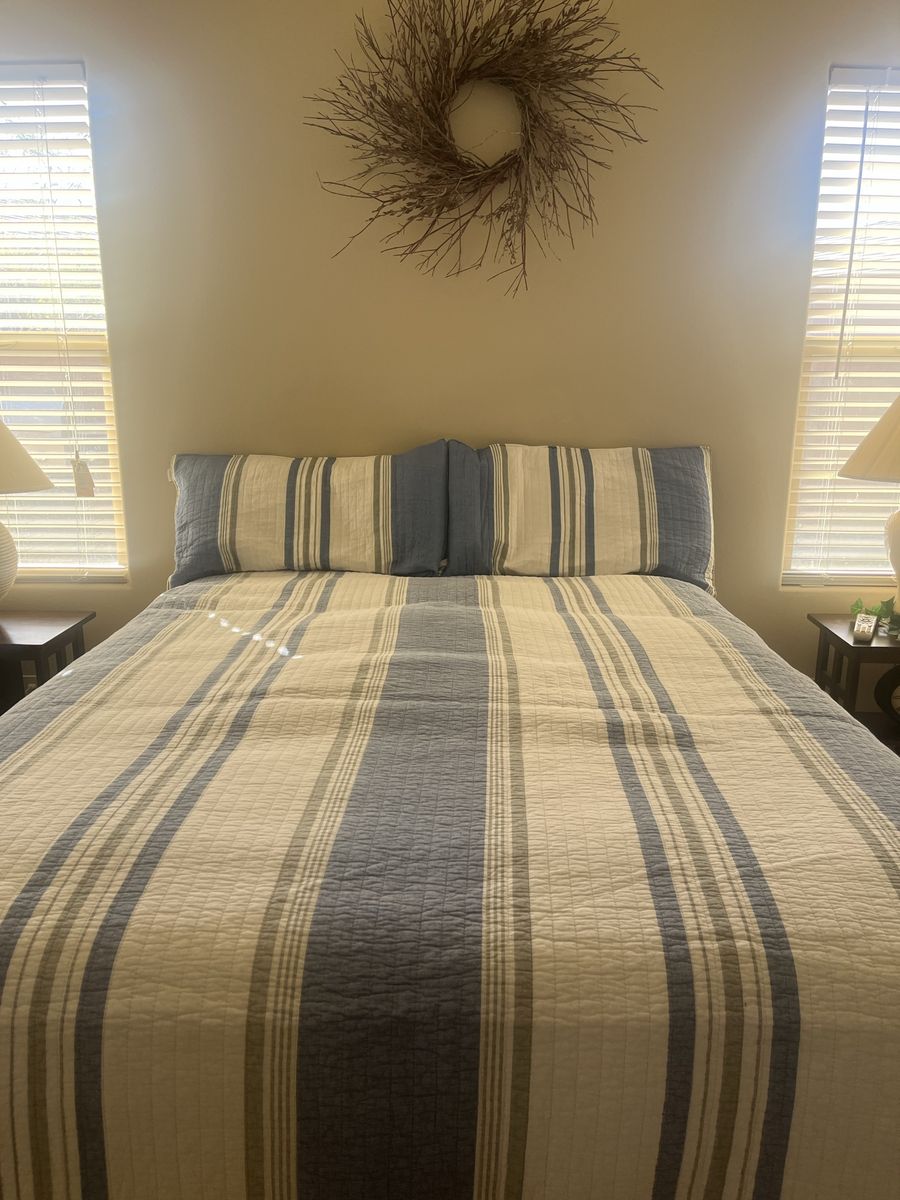 Striped Quilted Bedding Set - Quilt & Shams in Blue, Cream, & Grey - King Size
