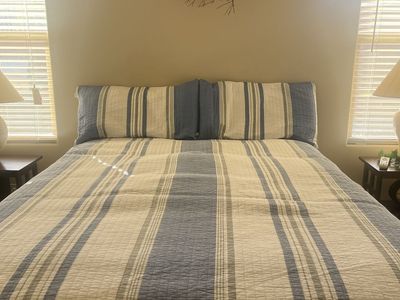 Striped Quilted Bedding Set - Quilt & Shams in Blue, Cream, & Grey - King Size
