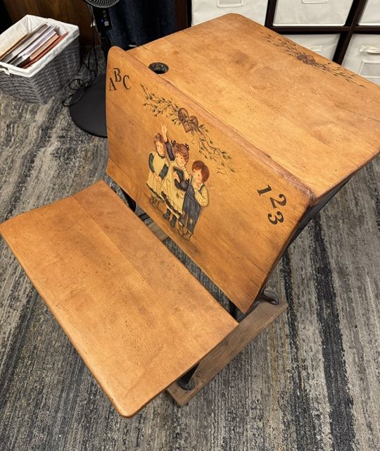 Antique Children's Wooden School Desk with Attached Bench and Hand-Painted Folk Art Graphics
