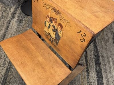 Antique Children's Wooden School Desk with Attached Bench and Hand-Painted Folk Art Graphics