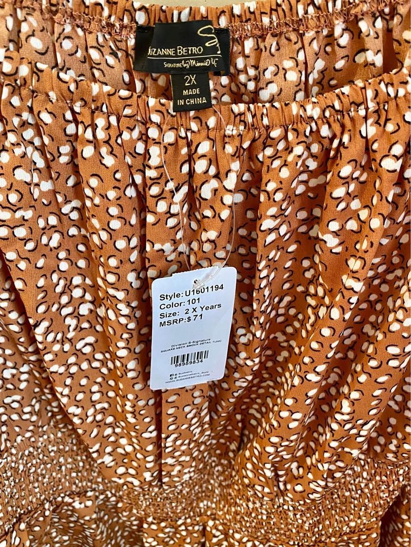 NEW! Adorable Susan Betro Brown Print Top- W/Swoop Neck Line + Smocking At Waist. SZ 2X Tag $71 -C PICS