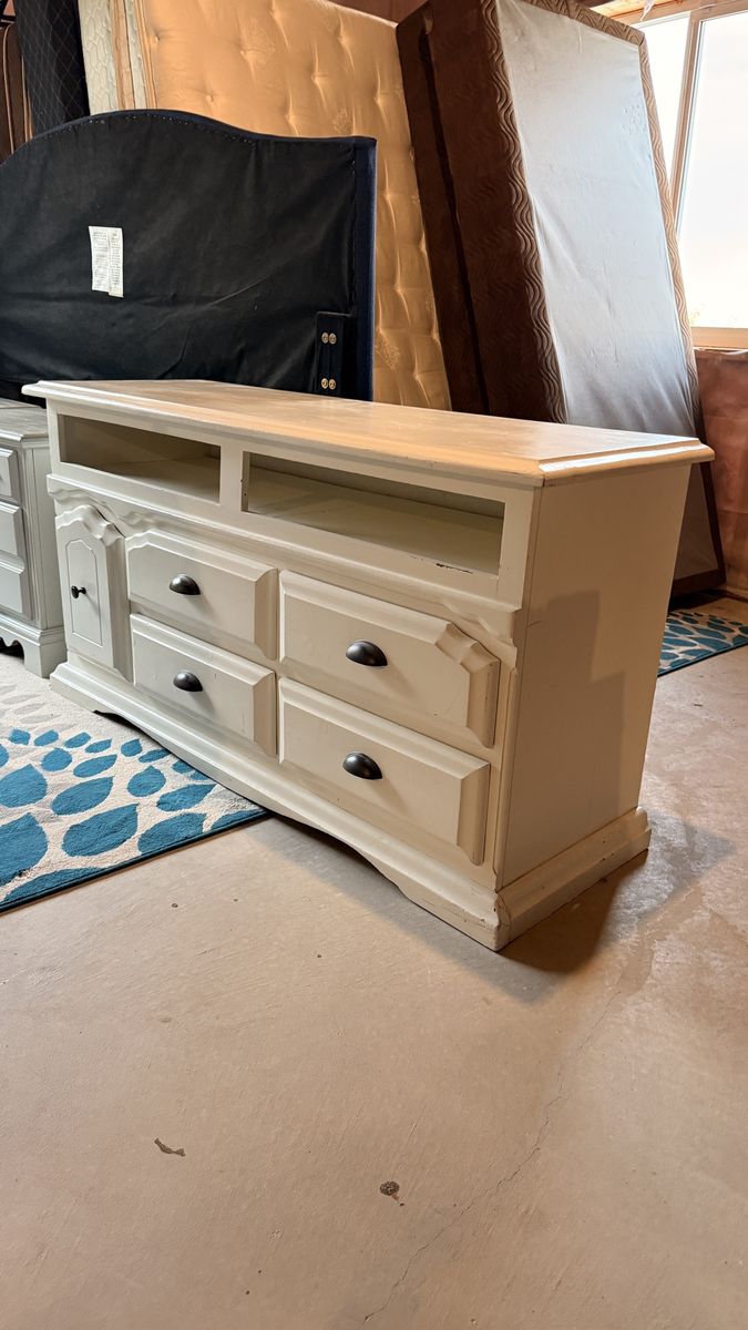 Cream Distressed Wooden TV Stand / Media Console with Drawers & Open Shelving
