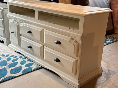 Cream Distressed Wooden TV Stand / Media Console with Drawers & Open Shelving