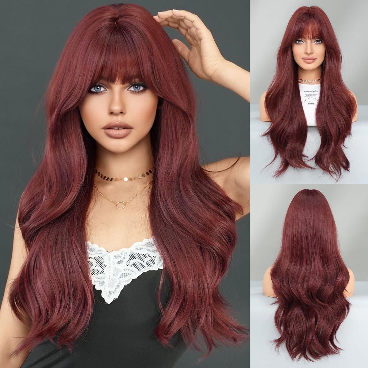 Long Wavy Wine Red Wig with Bang 28 Inch Burgundy Hair Synthetic Heat Resistant Wig Natural Maroon Dark Red Hair Heat Re