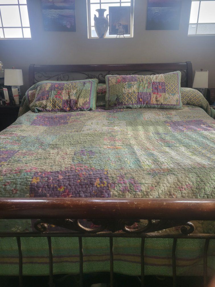 Wooden and Wrought Iron Sleigh Bed Frame with Floral Patchwork Quilt Set