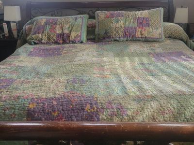 Wooden and Wrought Iron Sleigh Bed Frame with Floral Patchwork Quilt Set