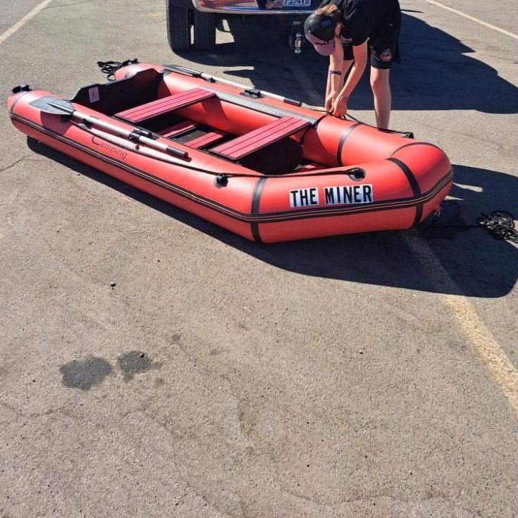 Camping brand inflatable row boat 3.3m "The Miner" with oars - red/black, like new!