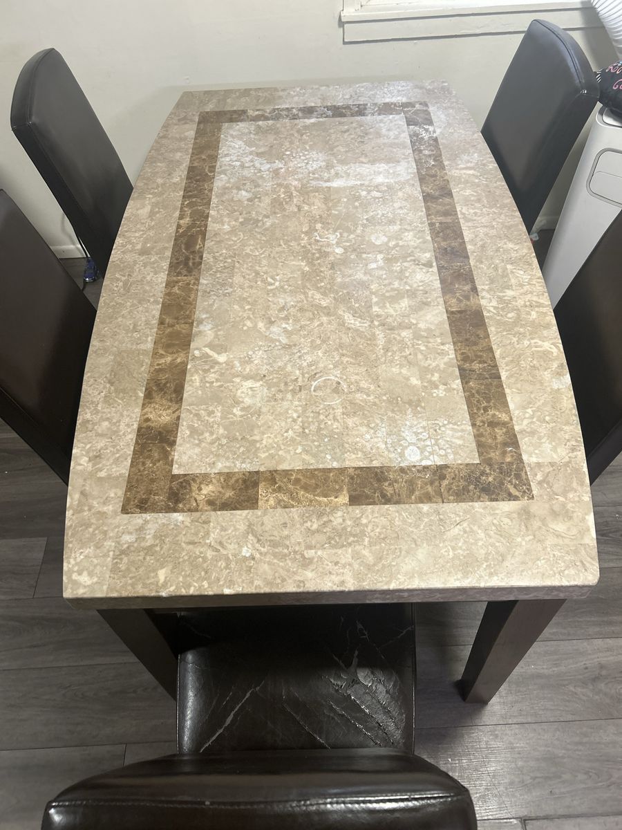 Faux Marble Dining Table with 6 Faux Leather Chairs Set