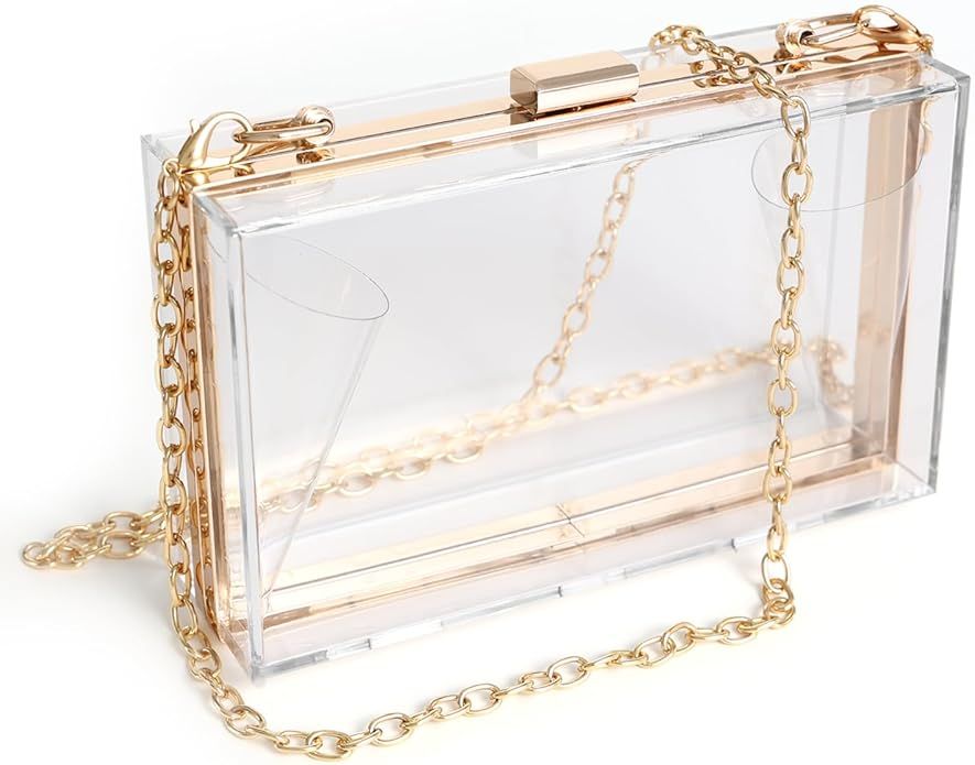 Clear Acrylic Crossbody Purse - Event/Stadium Approved Box Clutch with Gold Chain