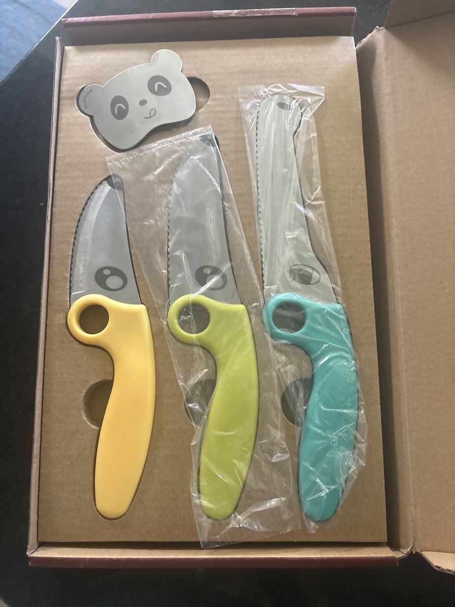 Kids Safe Cooking Knives with Panda Cutter - 3-Piece Set, Yellow, Green, Blue