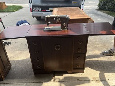 Vintage PFAFF Sewing Machine in Wood Cabinet with Storage and Fold-Out Table