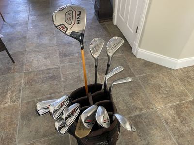 Taylormade irons, 3 sand wedges, 2 rescue clubs, Ping Driver, Putter and bag.
