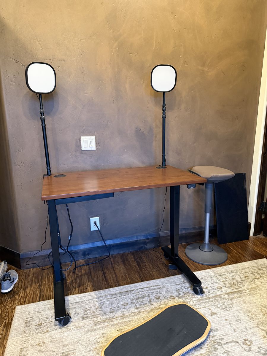 Uplift Motorized Standing Desk Small and Solid with stool and wobble board, more optional accessories