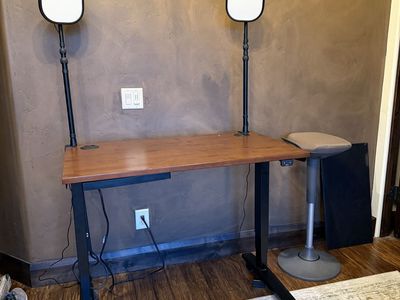 Uplift Motorized Standing Desk Small and Solid with stool and wobble board, more optional accessories