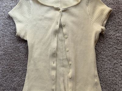 Free People Light Yellow Ribbed Short Sleeve Button-Front Top Size Small