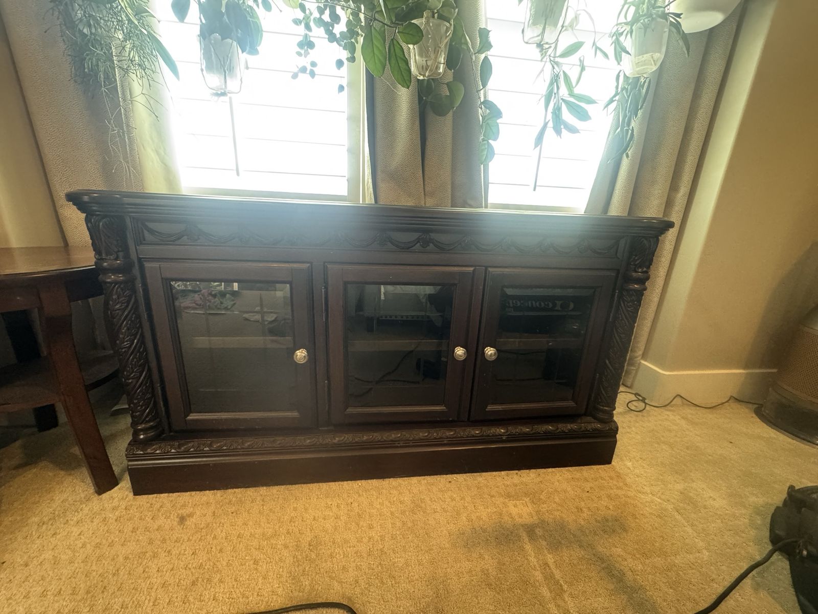Ornate Dark Wood TV Stand Media Console with Glass Doors