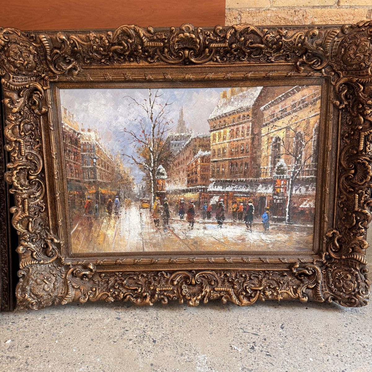 Various Vintage Textured Oil Paintings (print)- Snowy European City Street Scene in Ornate Gold Frame
