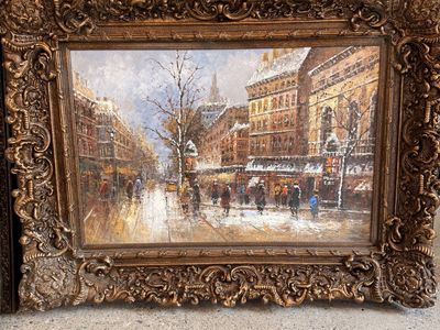 Various Vintage Textured Oil Paintings (print)- Snowy European City Street Scene in Ornate Gold Frame
