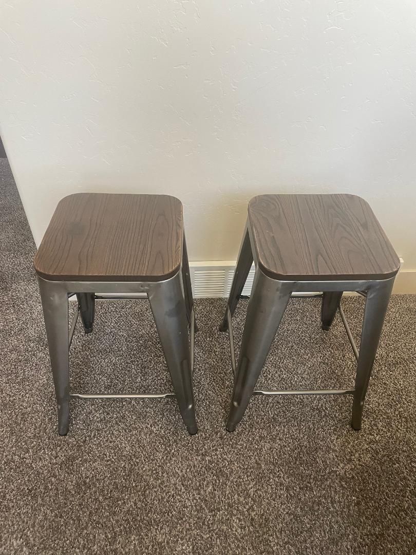 Industrial Counter Height Bar Stools | Metal Frame with Wood Seat | Set of 2