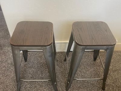Industrial Counter Height Bar Stools | Metal Frame with Wood Seat | Set of 2