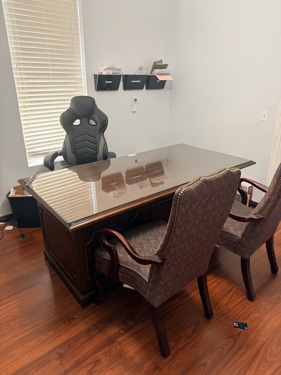 Large Executive Wooden Desk with Glass Top - Spacious Home Office Furniture