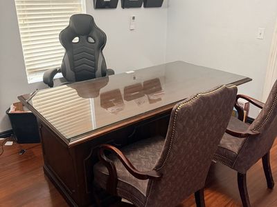 Large Executive Wooden Desk with Glass Top - Spacious Home Office Furniture