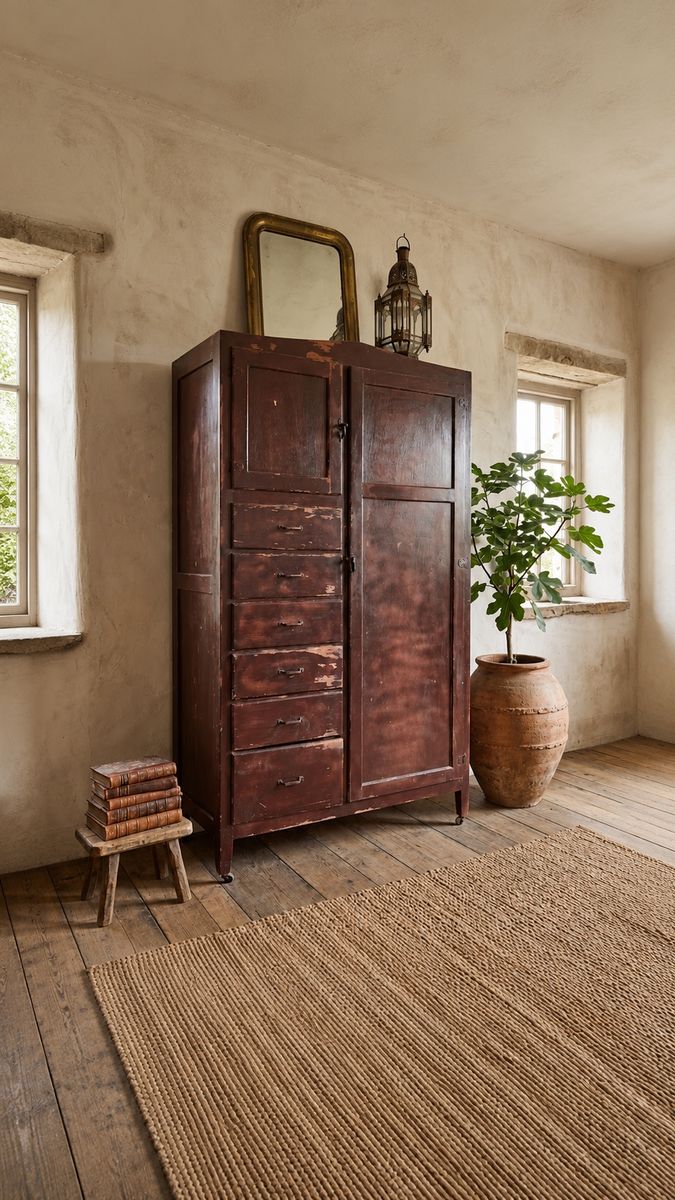 Antique Primitive 6-Drawer Chifferobe Armoire Wardrobe Storage Cabinet w/Distressed Patina, Rolling Wheels & Pull-Out Valet Rod