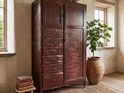 Antique Primitive 6-Drawer Chifferobe Armoire Wardrobe Storage Cabinet w/Distressed Patina, Rolling Wheels & Pull-Out Valet Rod