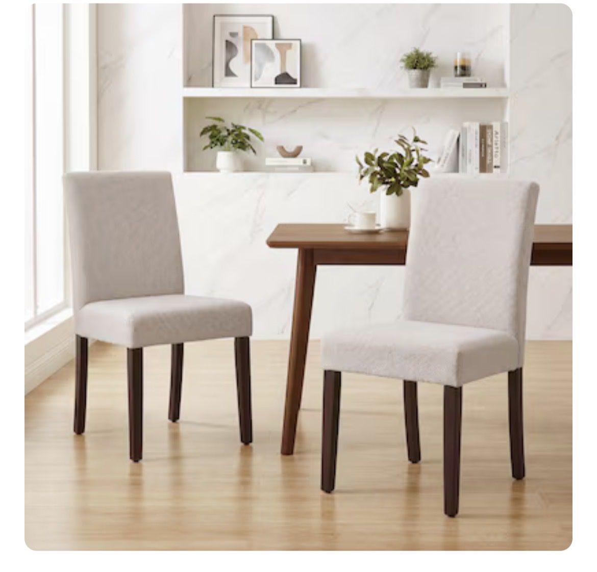 New, Set of 2 Upholstered Dining Chairs, Mid-Century Modern, Light Beige/Cream Fabric, Dark Wood Legs