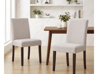 New, Set of 2 Upholstered Dining Chairs, Mid-Century Modern, Light Beige/Cream Fabric, Dark Wood Legs