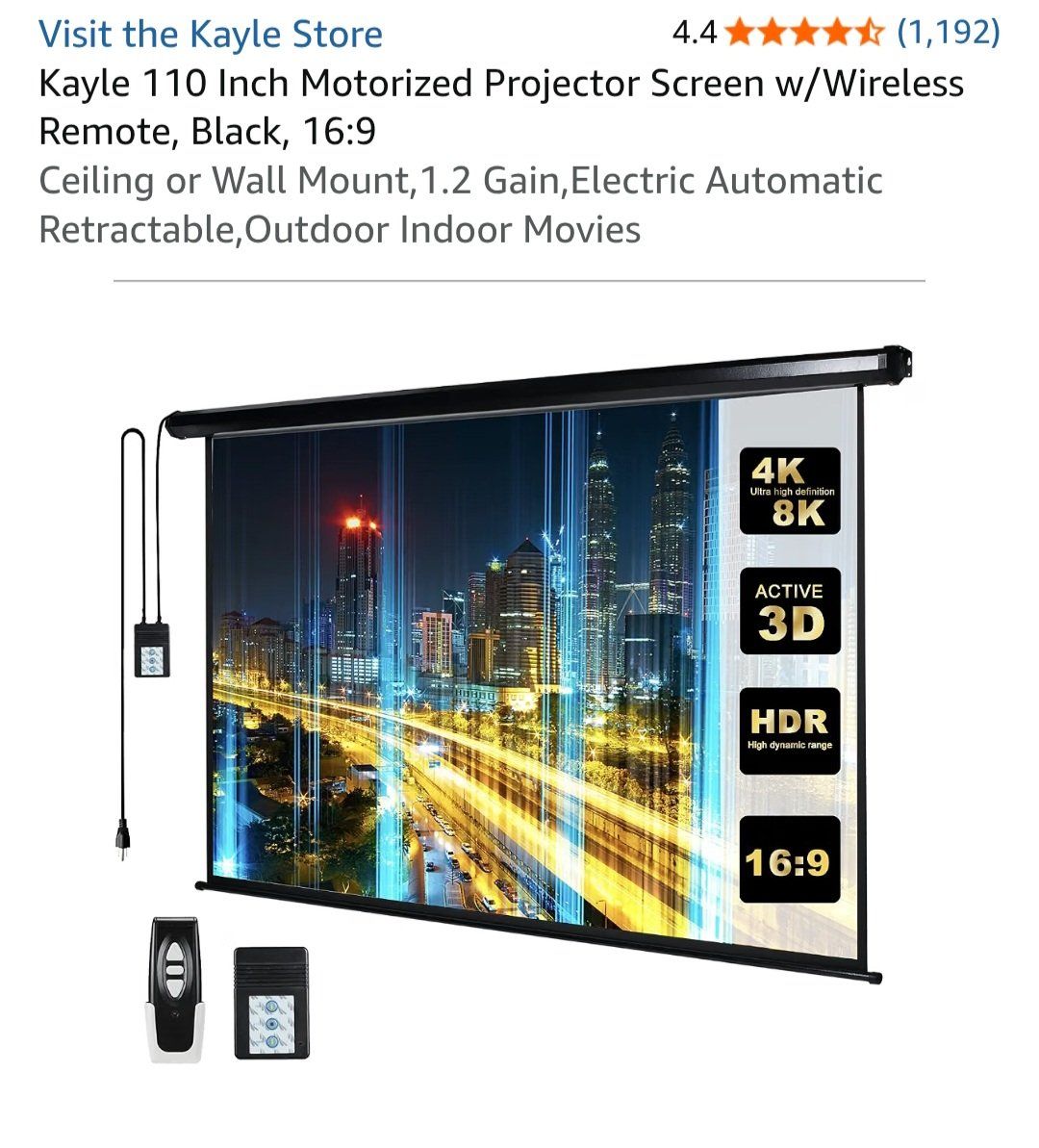 Kayle 110" Motorized Projector Screen - Wireless Remote, 16:9