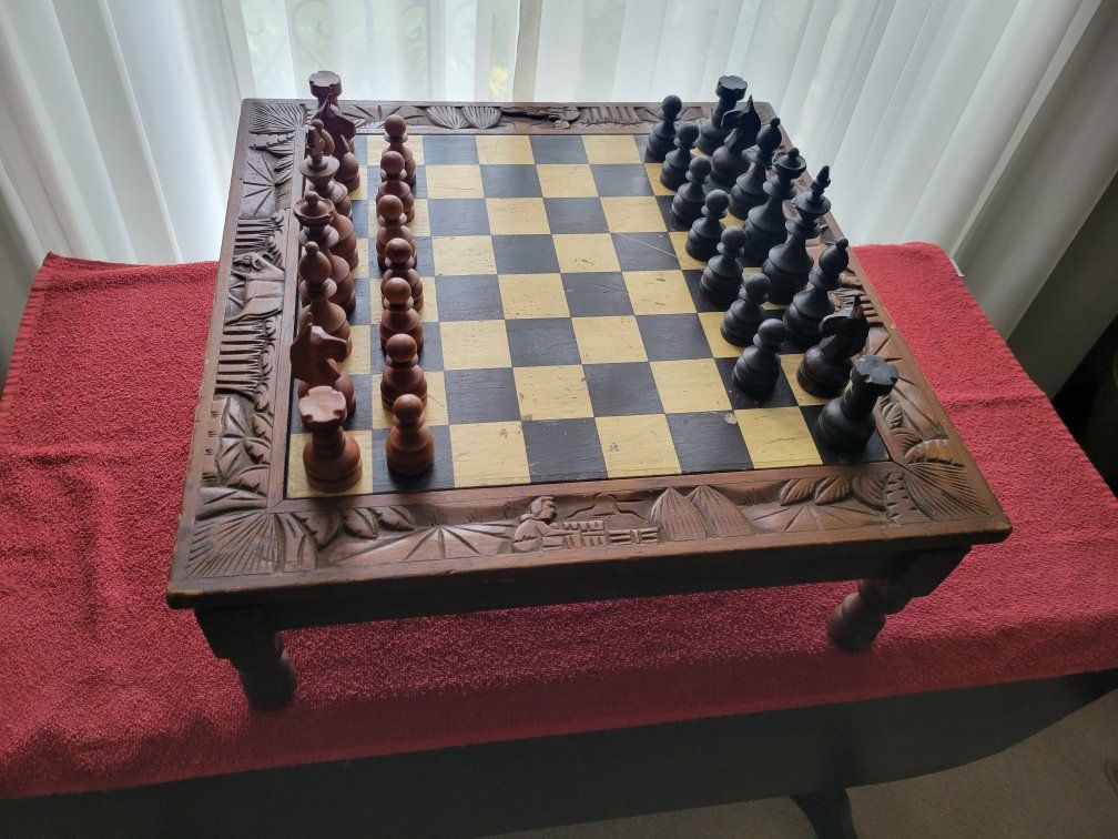 Vintage Hand-Carved Wood Chess & Backgammon Board Game Table w/ Storage Drawer