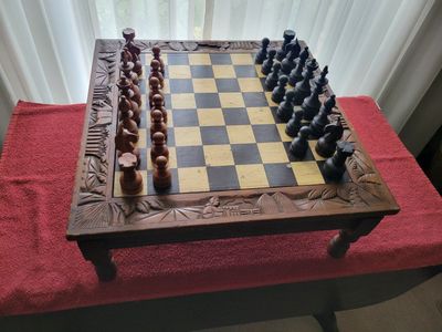 Vintage Hand-Carved Wood Chess & Backgammon Board Game Table w/ Storage Drawer