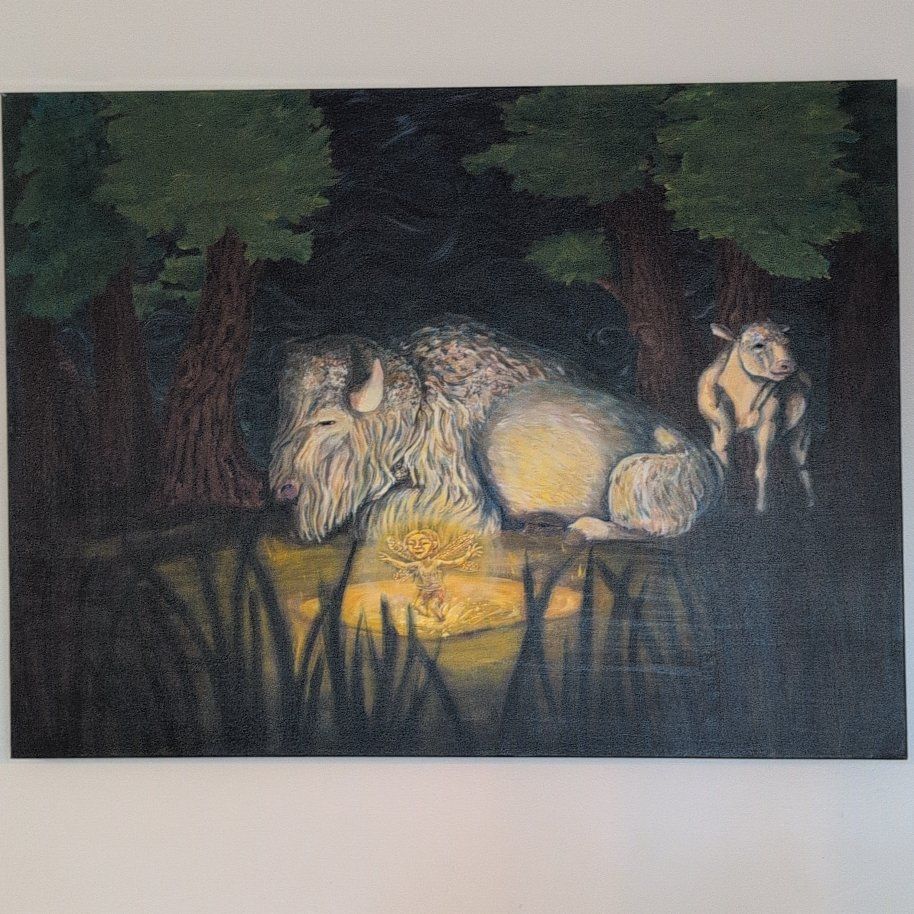 Original Acrylic painting of albino Bison and forest sprite 
