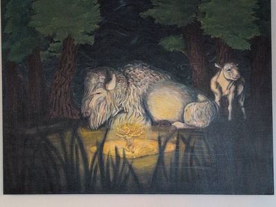 Original Acrylic painting of albino Bison and forest sprite