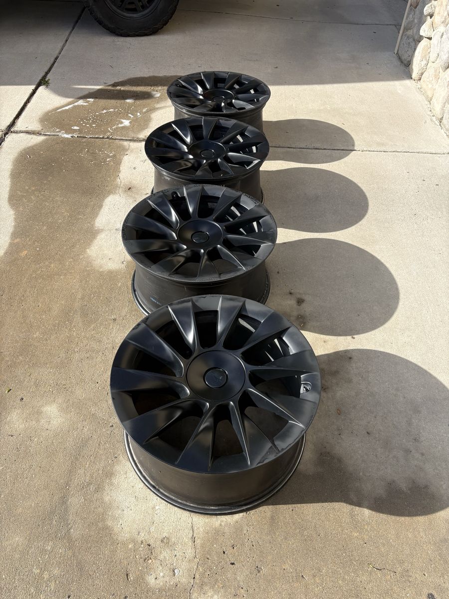 Tesla Model Y 20-inch Induction Wheels Rims - Set of 4, Black, Road Rash Touched Up