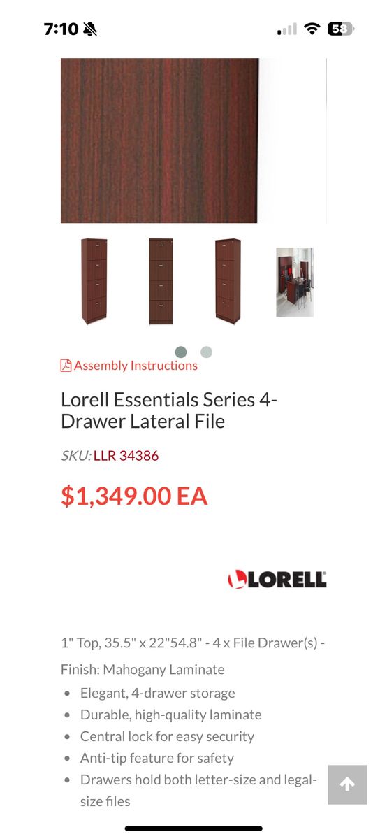 Lorell 4-Drawer Lateral File Cabinet - Mahogany