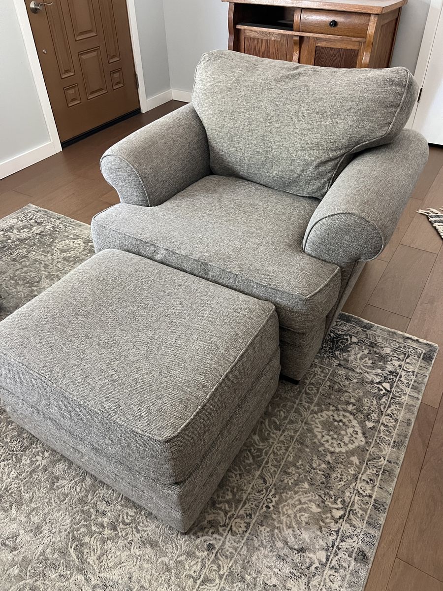 Gray Upholstered Armchair with Matching Ottoman - Excellent Condition