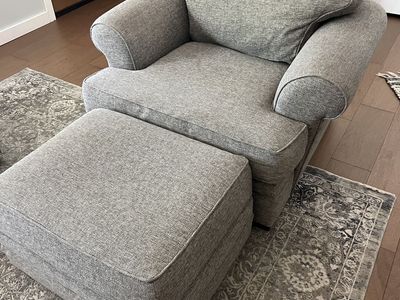 Gray Upholstered Armchair with Matching Ottoman - Excellent Condition
