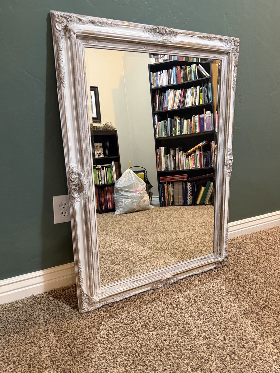 Vintage Distressed White and Gold Ornate Wall Mirror