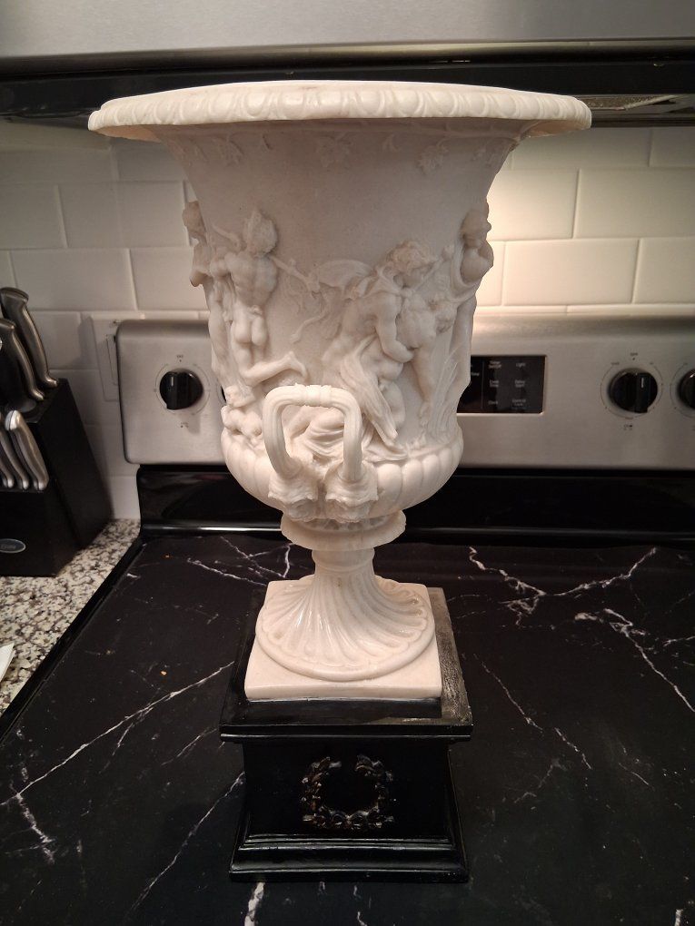 Large Vintage Carved Marble Urn Vase with Classical Figures & Putti on Display Pedestal