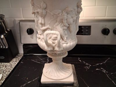 Large Vintage Carved Marble Urn Vase with Classical Figures & Putti on Display Pedestal