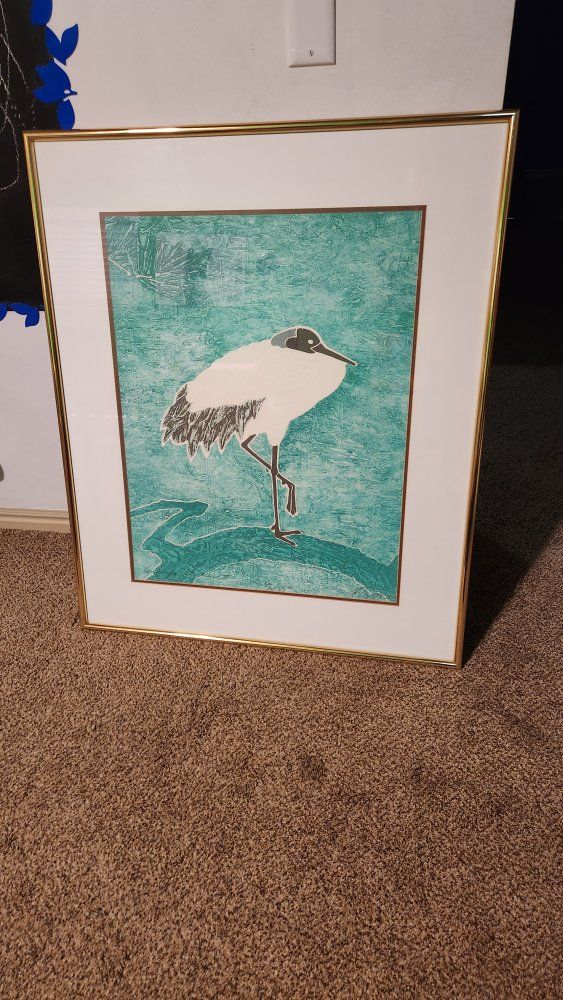 Framed Crane Bird Art Print with Teal Background - Gold Frame