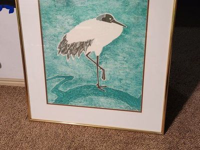 Framed Crane Bird Art Print with Teal Background - Gold Frame