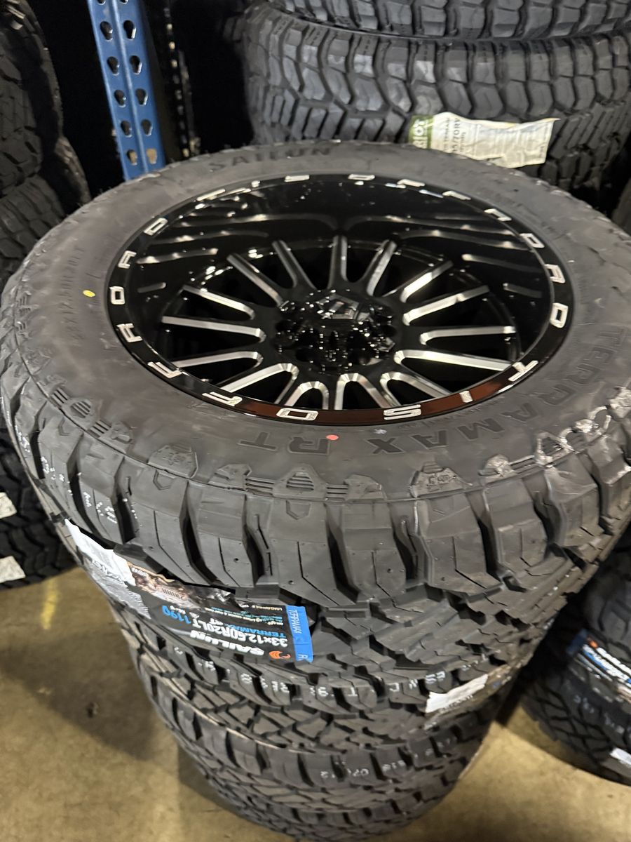 New TIS 567BM 33x12.50r20 Terramax RT 6x5.5 Chevy Silverado 1500 6x135 Ford F150 3 peak snowflake rated 6 lug wheels and tires