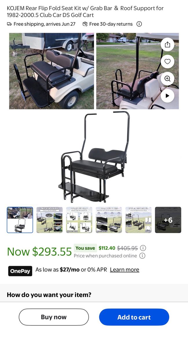 Rear Flip Fold Seat Kit w/ Grab Bar & Roof Support for 1982-2000.5 Club Car DS Golf Cart
