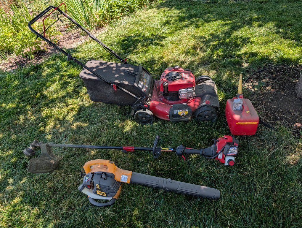 Gas Lawn Mower, Weed Whacker, Leaf Blower plus extras.