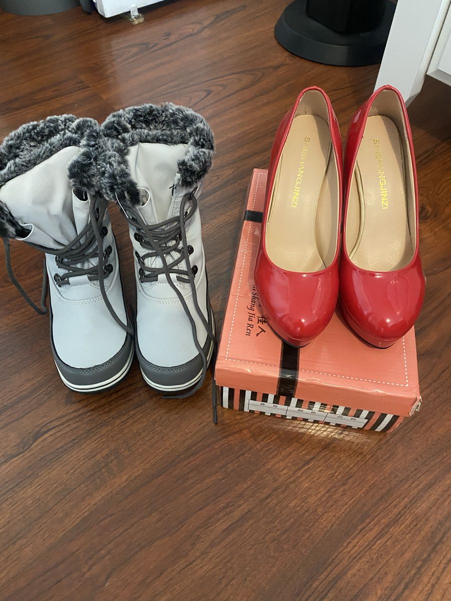 Snow boots and red heels