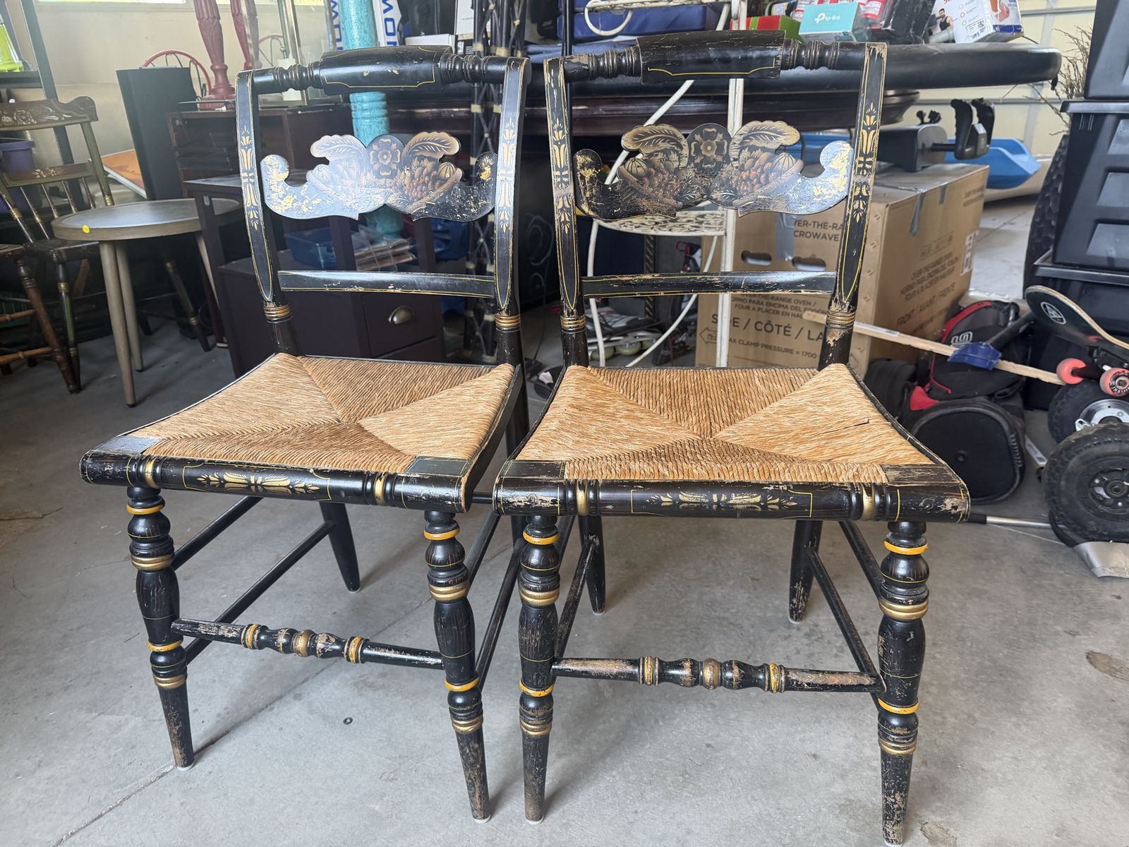 Pair of L. Hitchcock Hitchcocksville CT Rush Seat Chairs – Black & Gold